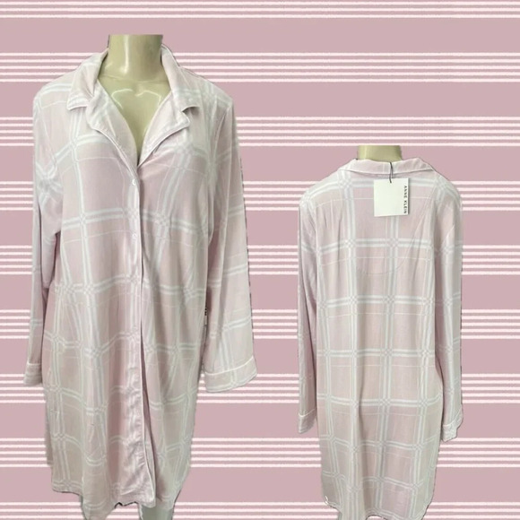Anne Klein L Pink Window Pane Print Button Down Collar Long Sleeve Sleep Shirt - Picture 1 of 5
